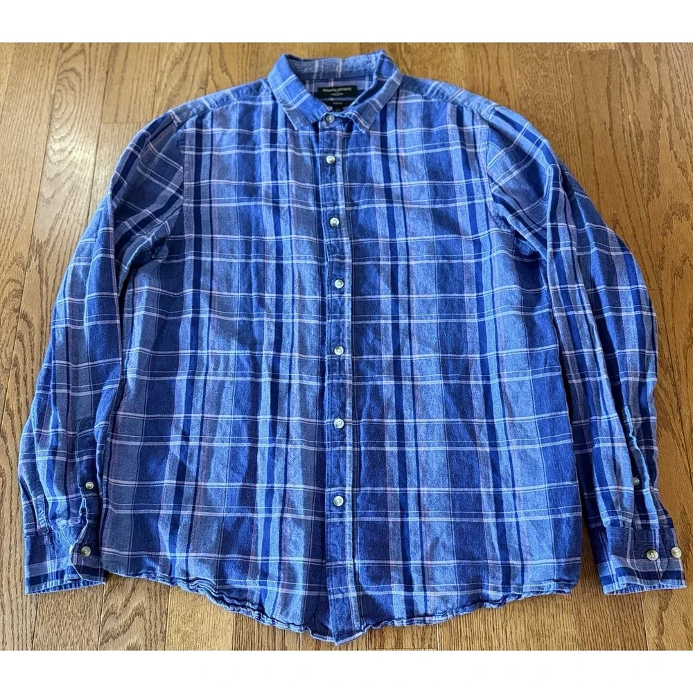 Banana Republic Linen Blend Shirt Men Large Tall Slim Fit Blue Plaid Long Sleeve